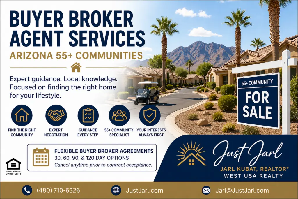 Buyer broker agent services for Arizona 55+ communities with desert neighborhood and for sale sign